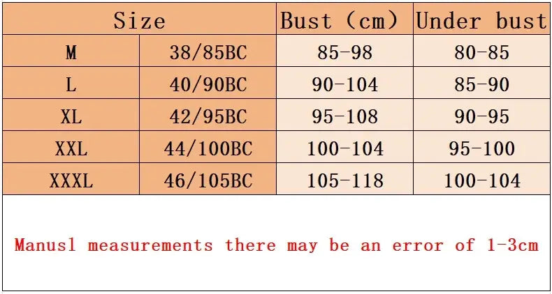 Simples Market bra size chart with bust and under-bust ranges for M to XXXL sizes.
