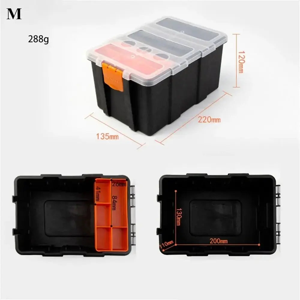 Simples Market multi-grid portable plastic parts toolbox with transparent lid, orange latch, black body.