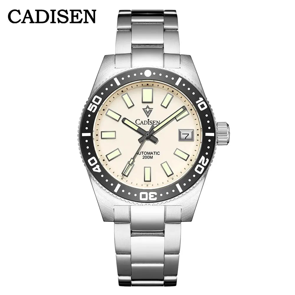 CADISEN stainless steel diver watch with beige dial, luminous markers, date window, 200M water resistance