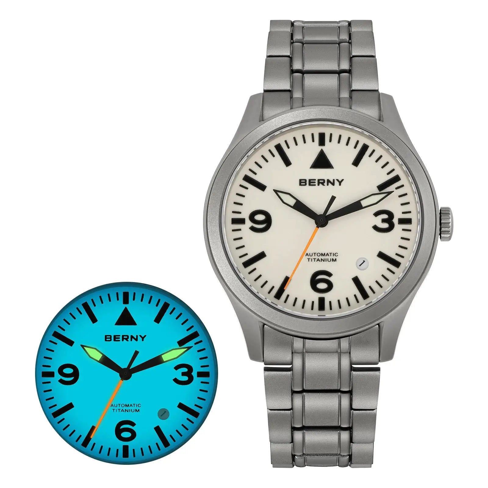 BERNY aviation titanium mechanical men’s watch; silver bracelet with white dial, blue dial variant shown (2 watches)