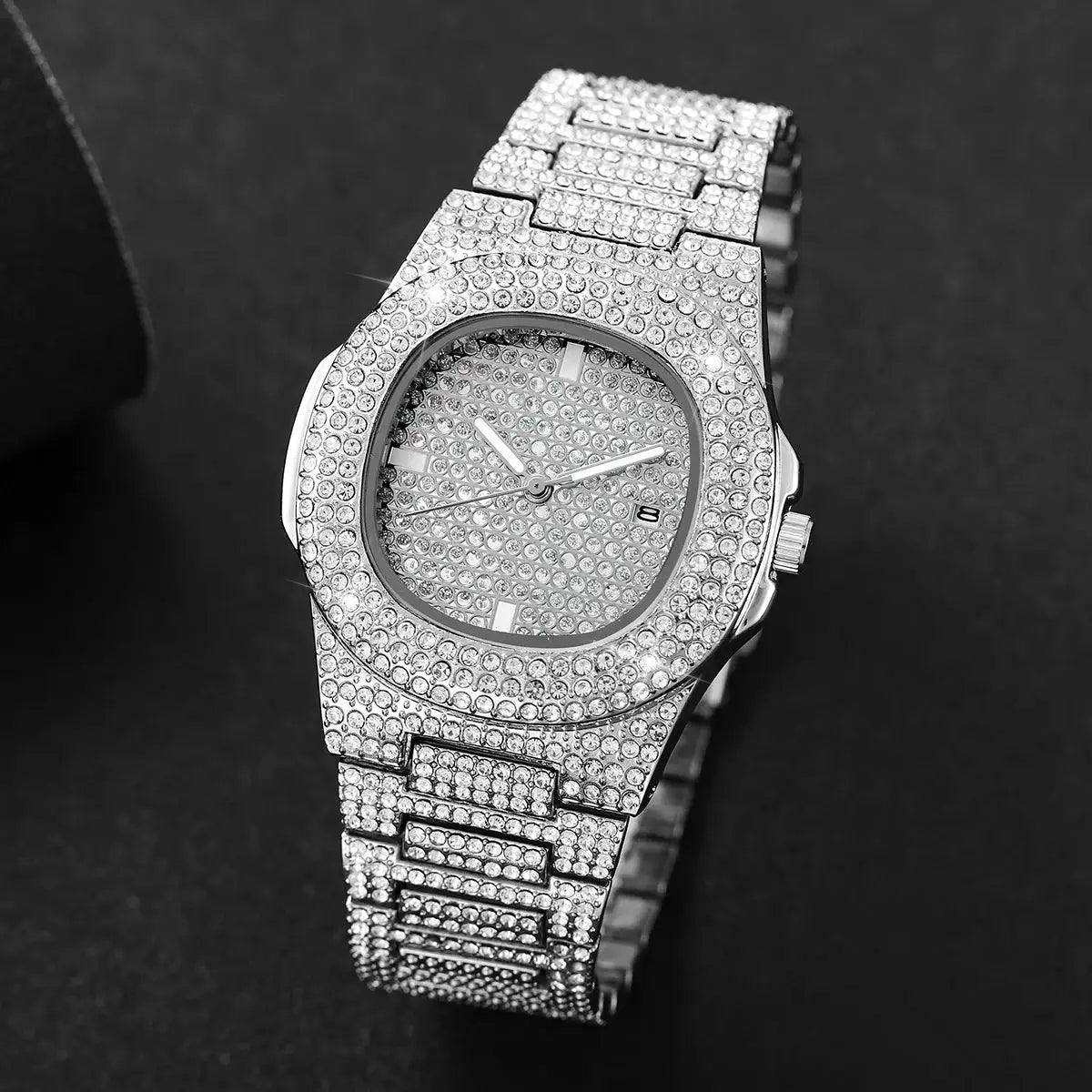 Watch by Simples Market, diamond-studded stainless steel with calendar date window
