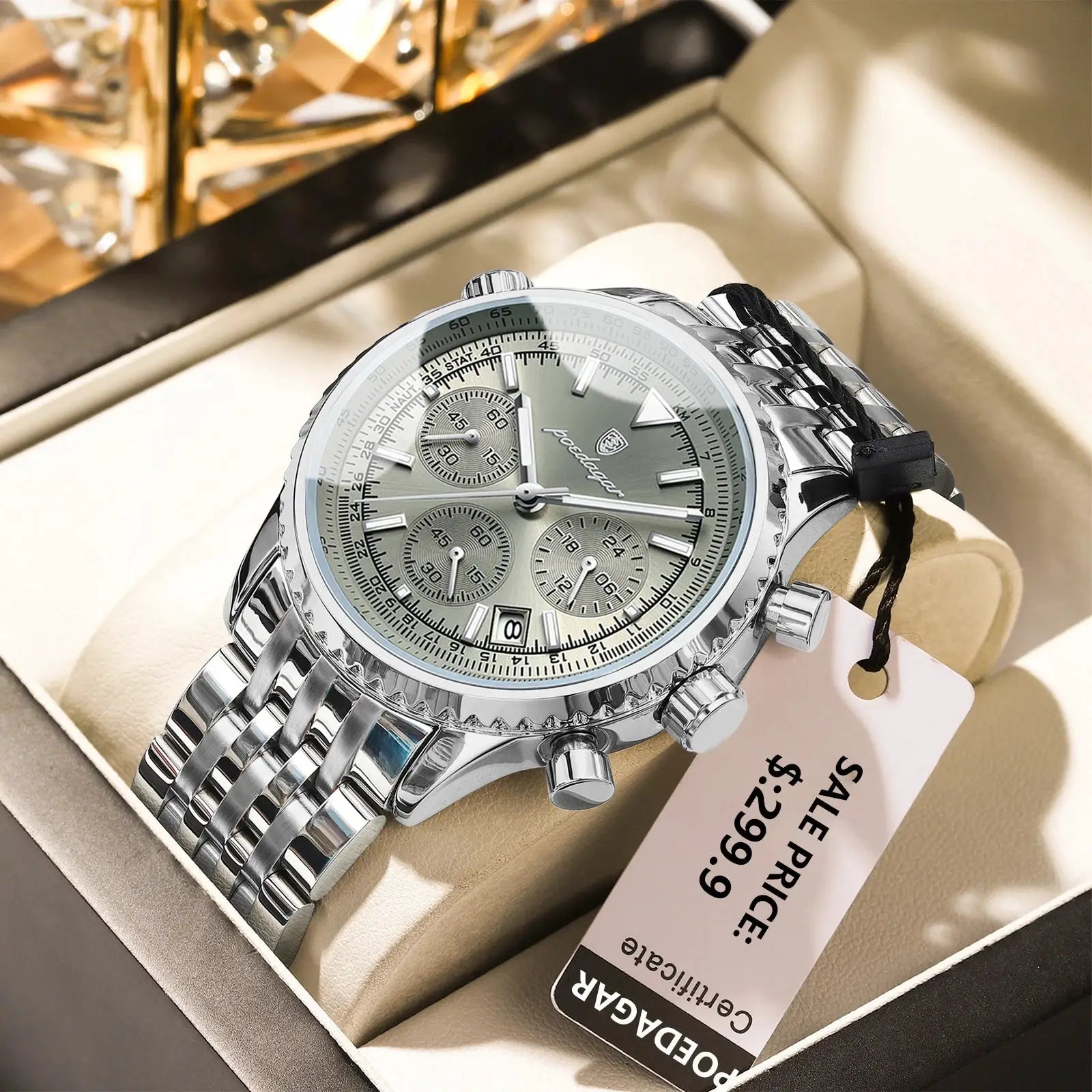POEDAGAR men's luxury stainless steel watch with grey dial, date chronograph, waterproof