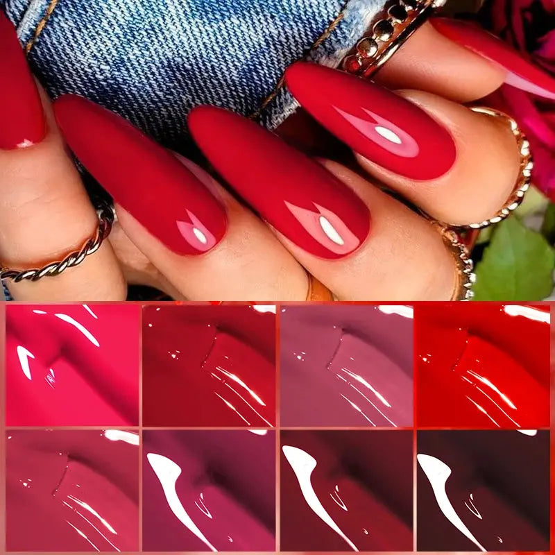Gel nail polish set with red shades for UV/LED nails; glossy manicure color swatches