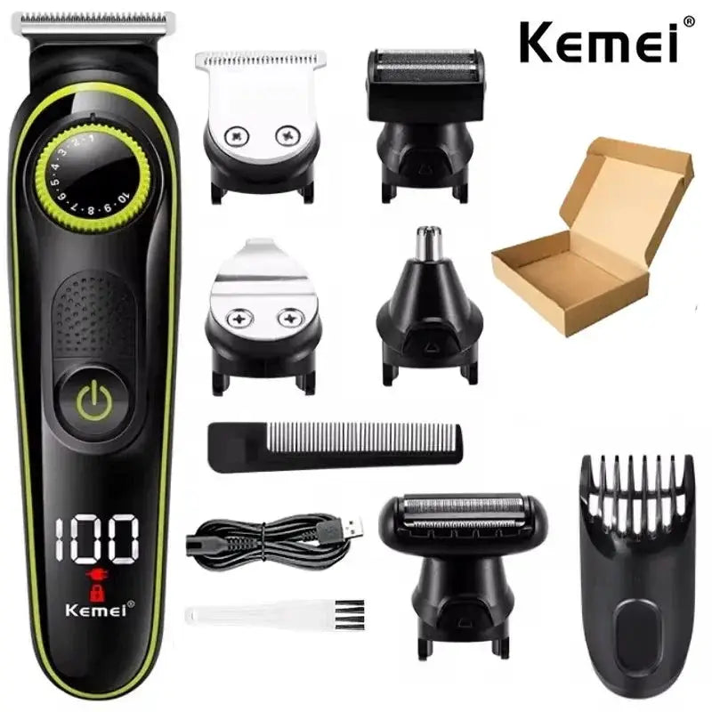 Kemei KM-696 5-in-1 black and lime men's hair clipper set with USB cable and attachments