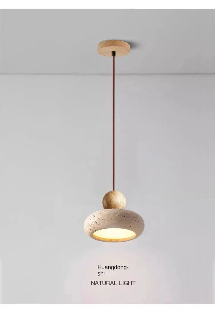 Vintage pendant light with natural yellow agate stone and wooden accents