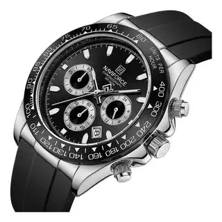NAVIFORCE men's chronograph watch with black dial, three subdials, silver bezel, and black silicone strap