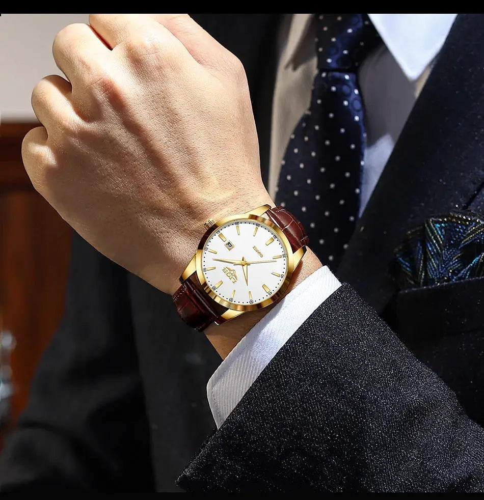 LIGE men's brown leather watch with gold-tone case, white dial, and brown leather strap