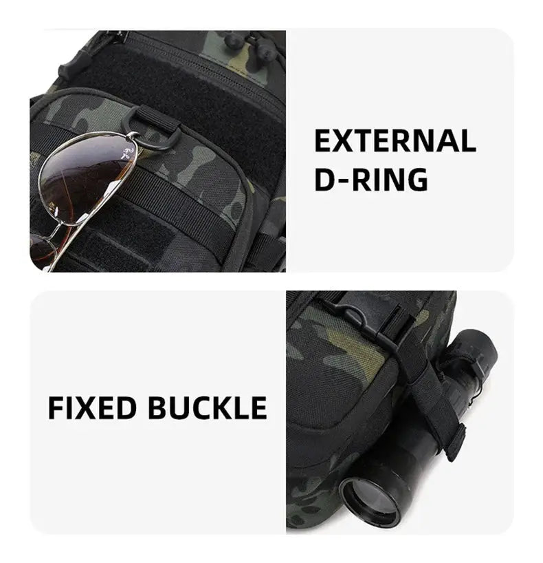 Tactical chest bag camouflage with MOLLE system, external D-ring, and fixed buckle by Simples Market