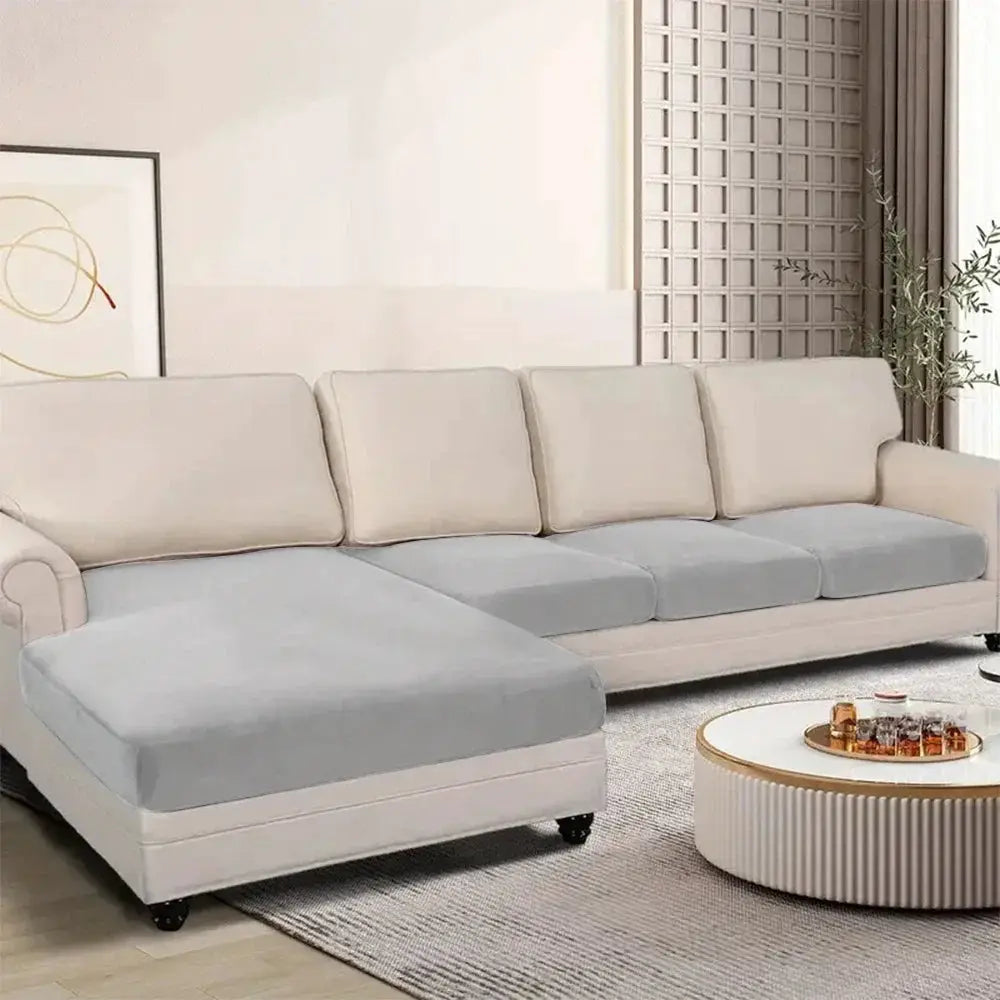 Velvet sofa cushion covers for a beige sectional sofa; soft gray seat cushions