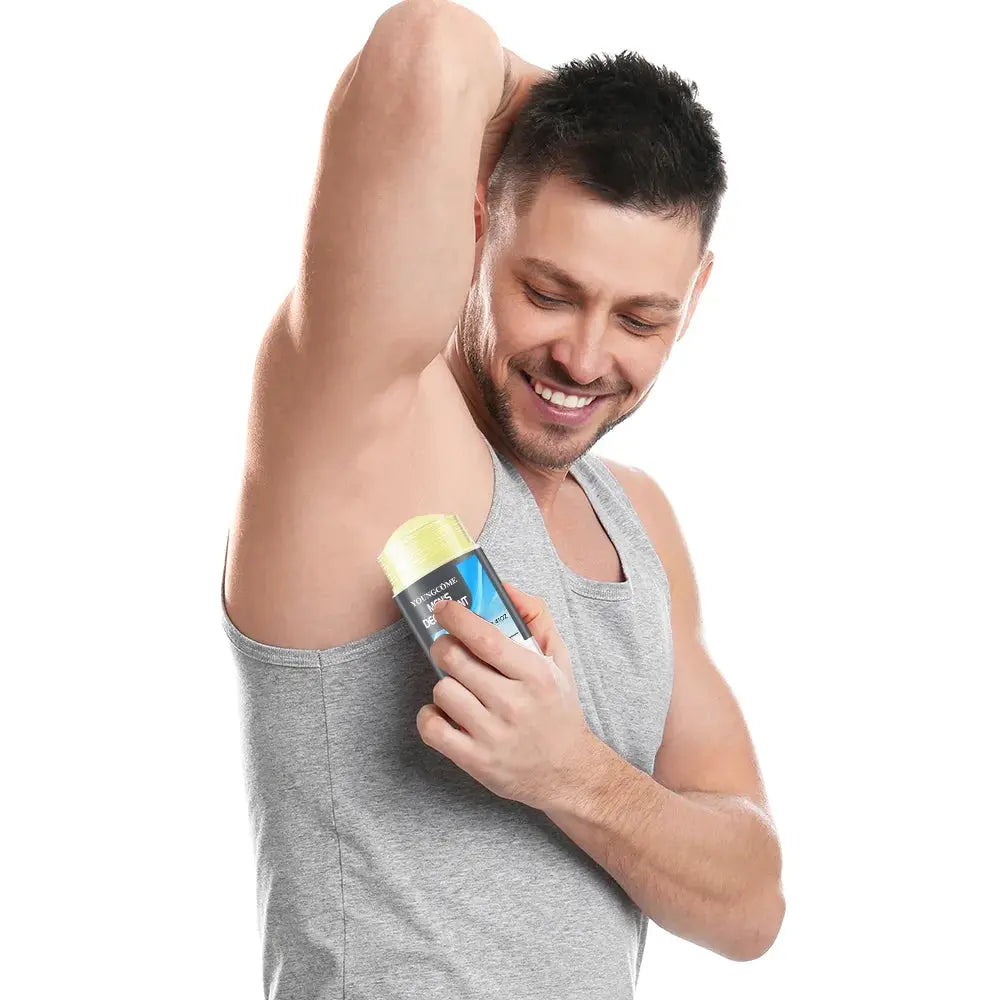 Simples Market natural deodorant stick for men, blue packaging with a yellow-green cap