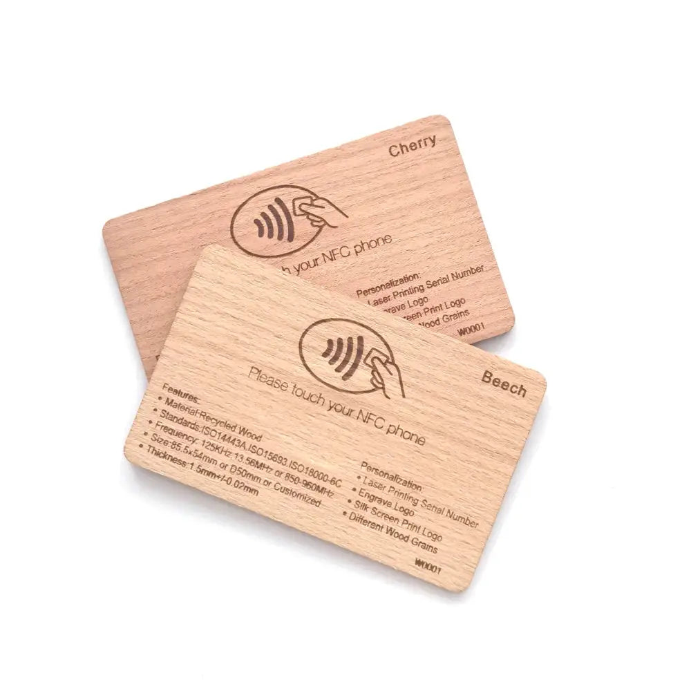 Two wooden NFC cards for contactless membership, laser-engraved cherry and beech finishes