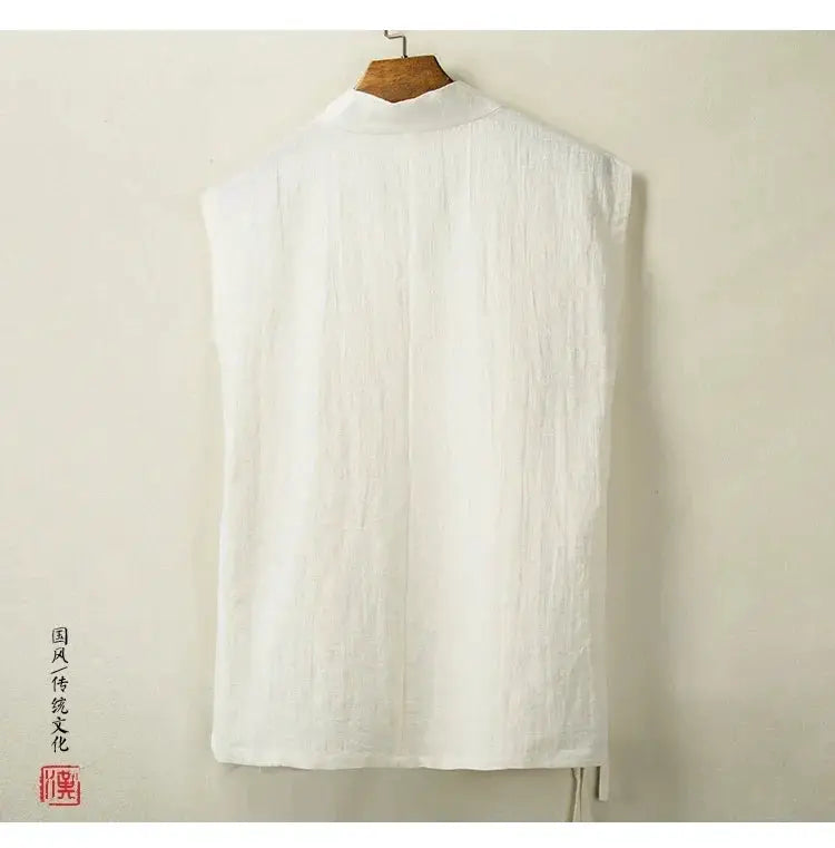 Men's white linen-cotton Hanfu vest, sleeveless traditional top.