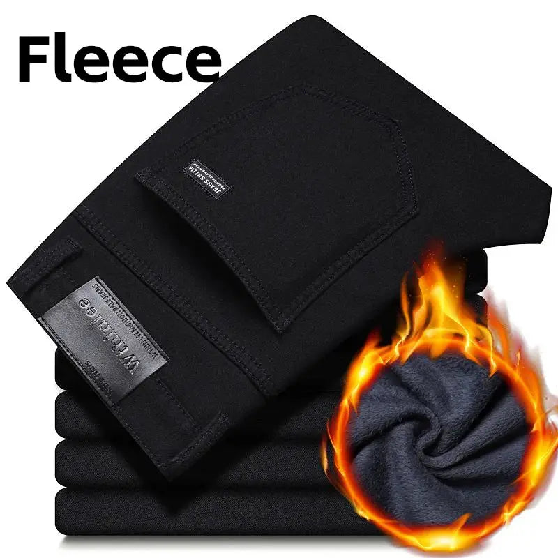 Wthinlee fleece-lined men's black denim jeans by Simples Market, casual straight-stretch work pants
