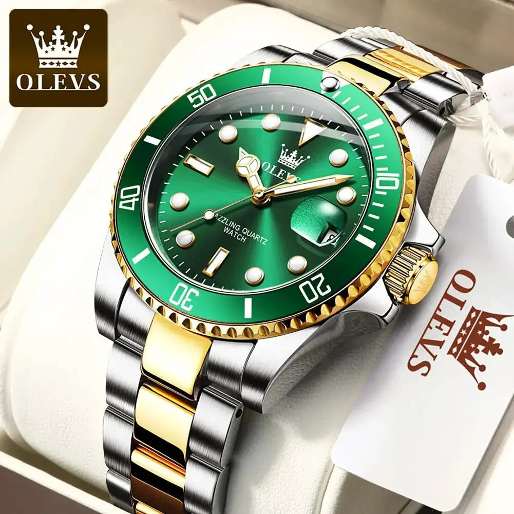 OLEVS Top Original Men Quartz Watch With Stainless Steel Band Green Dial Luminous Hands Water Resistant Luxury Timepiece