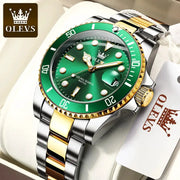 OLEVS Top Original Men Quartz Watch With Stainless Steel Band Green Dial Luminous Hands Water Resistant Luxury Timepiece
