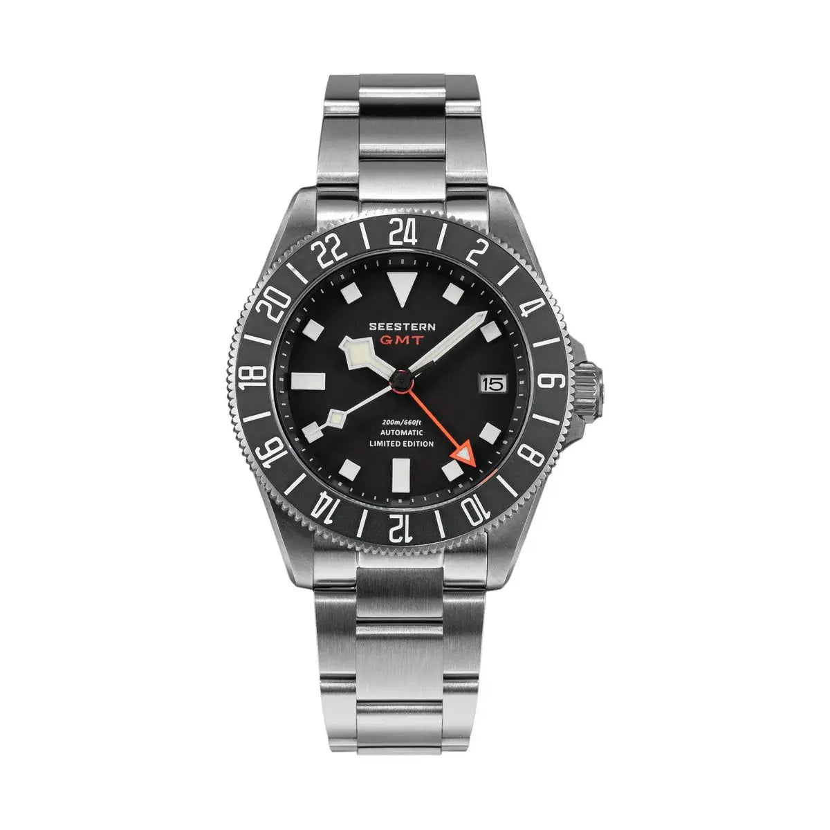 Seestern GMT diver watch with stainless steel bracelet, black dial, 24h bezel, orange GMT hand, 200m water resistant