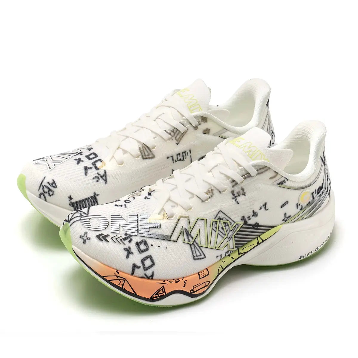 Pair of ONEMIX Marathon carbon plate running shoes for men, white with lime green and orange accents, lightweight rebound tech.