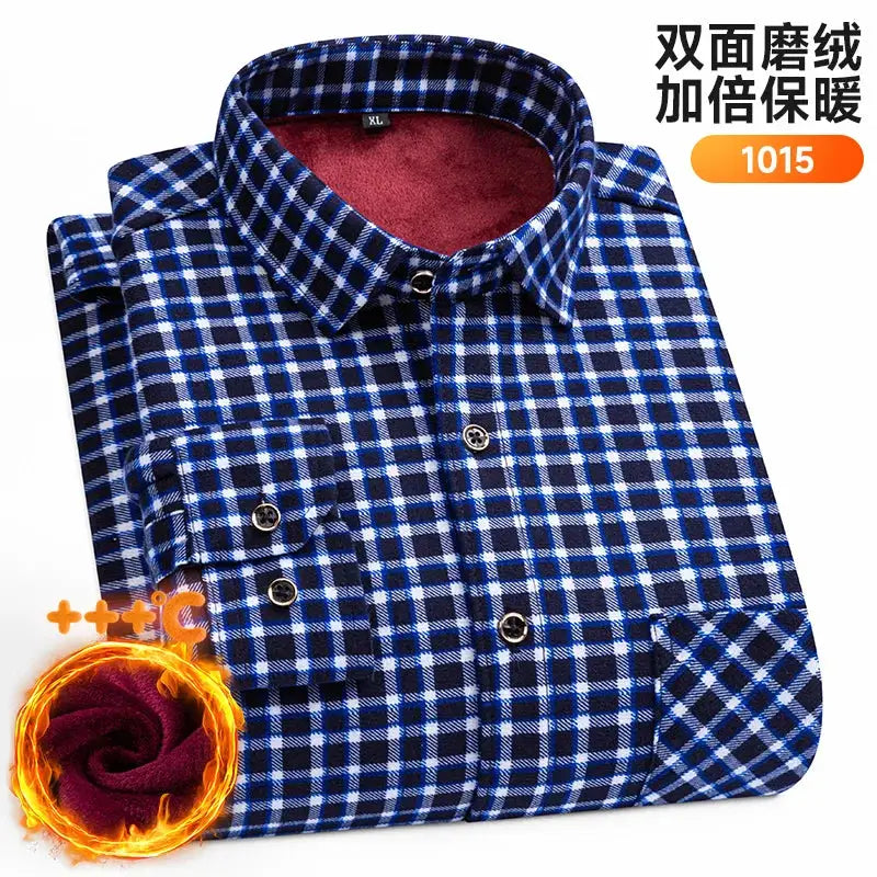 Men's long-sleeve blue plaid fleece-lined shirt; thickened, warm, double-sided.