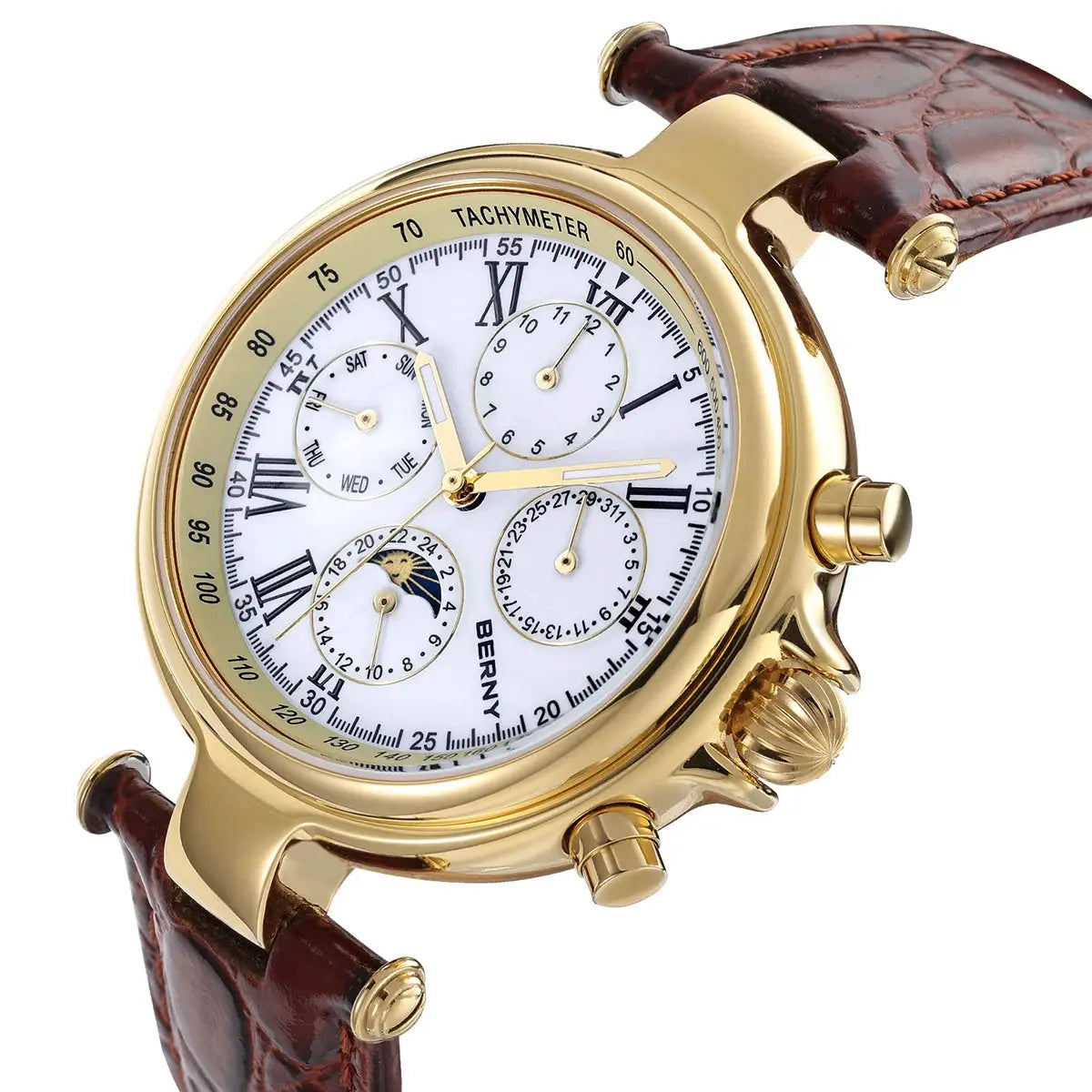 BERNY retro automatic men's watch, gold-tone case, white dial with sun and moon phase, brown leather strap