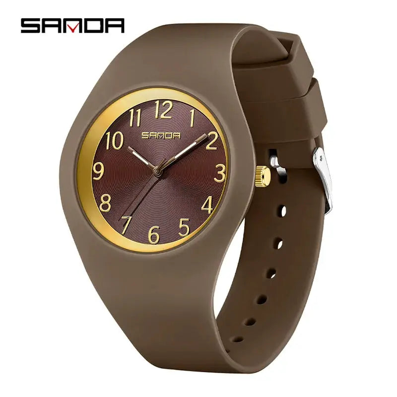 SANDA 6186 brown silicone strap quartz watch with gold-tone dial, SAMODA logo