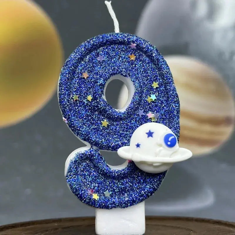 Planet Themed Spaceship Digital Candle 0 To 9 Dark Blue Birthday Cake Decoration For Outer Space Party