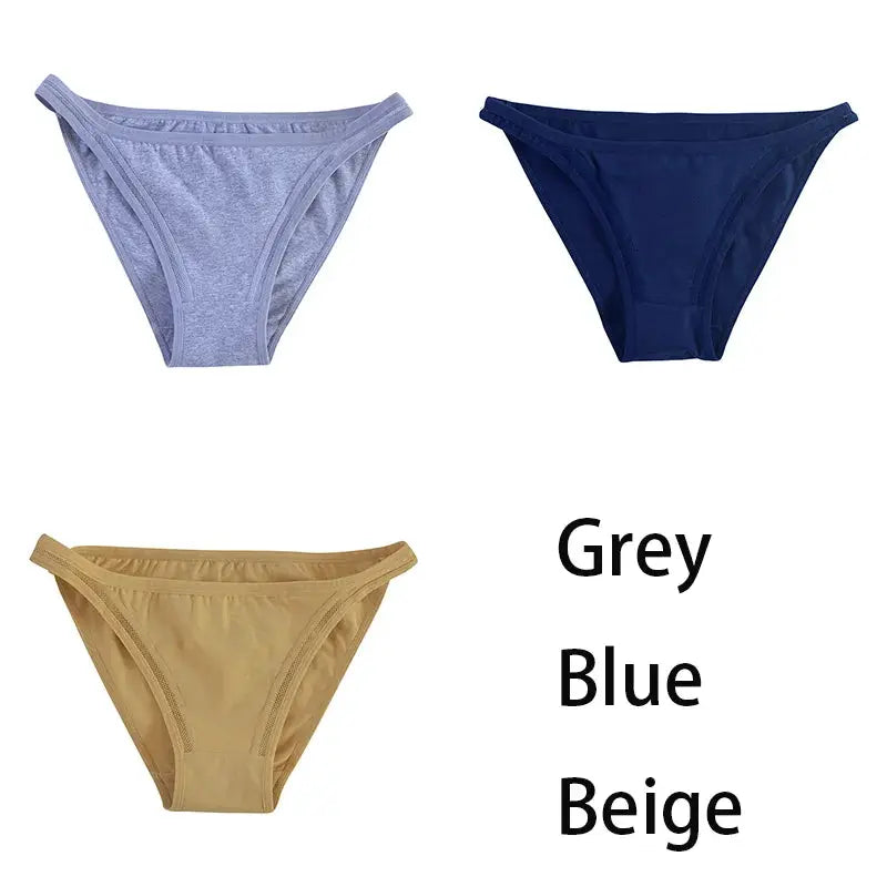 3-pack women's cotton bikini panties in grey, blue and beige by Simples Market