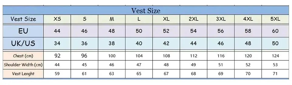 Beige linen men's vest size chart by Simples Market showing chest, shoulder width and length for XS–5XL.