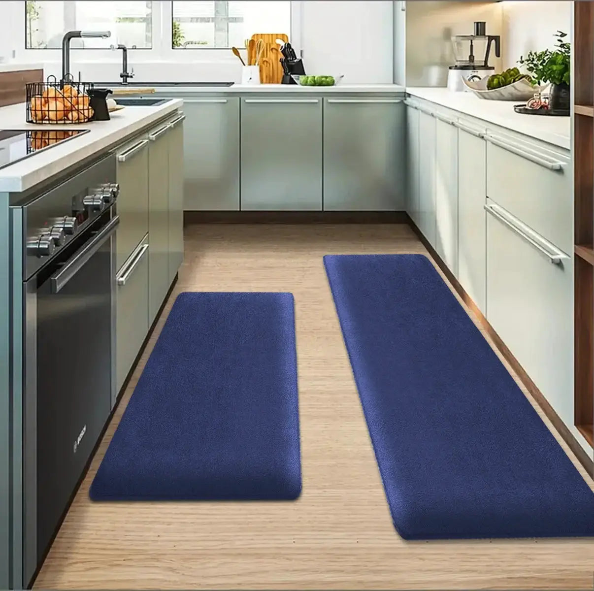 2 blue thickened flannel kitchen runner mats by Simples Market, non-slip and absorbent.