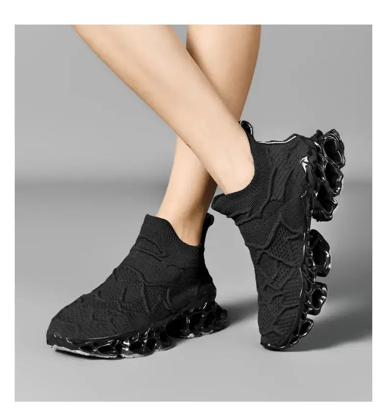 Sneakers: black knit sock upper with bubble outsole, casual athletic shoes