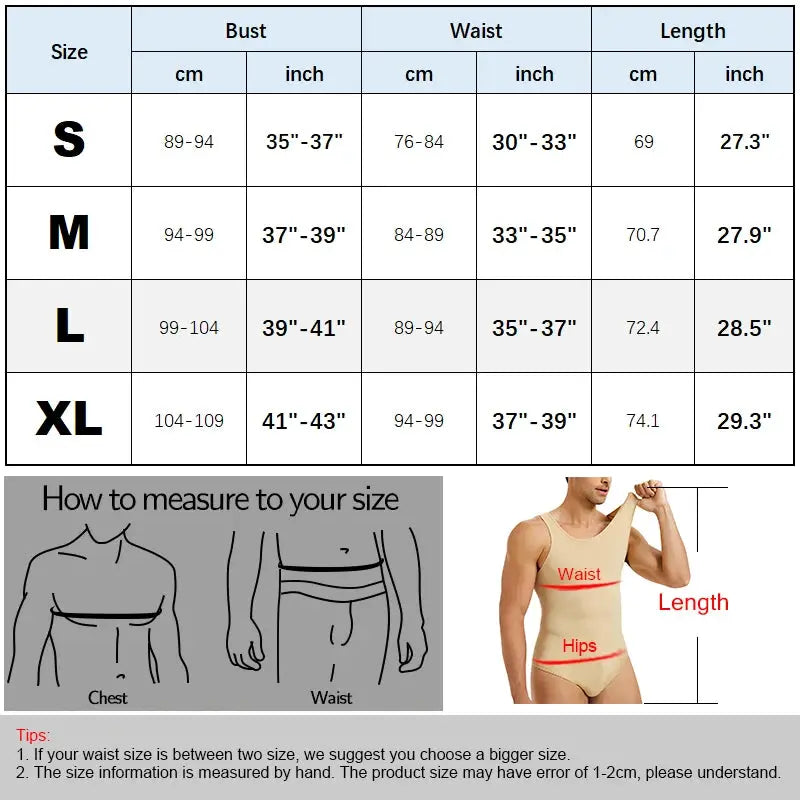 Simples Market men's shapewear bodysuit full body shaper, beige sleeveless open-crotch; size chart and measurement guide