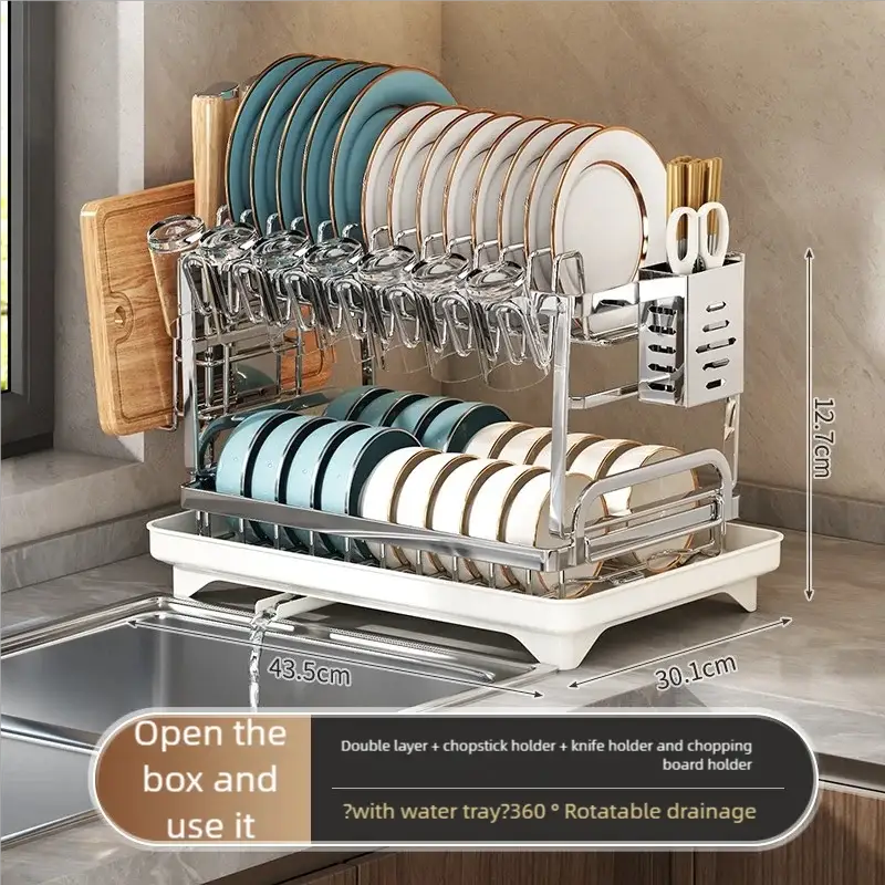 Stainless steel kitchen storage rack with two-tier drying rack for bowls and plates, white drainage tray.