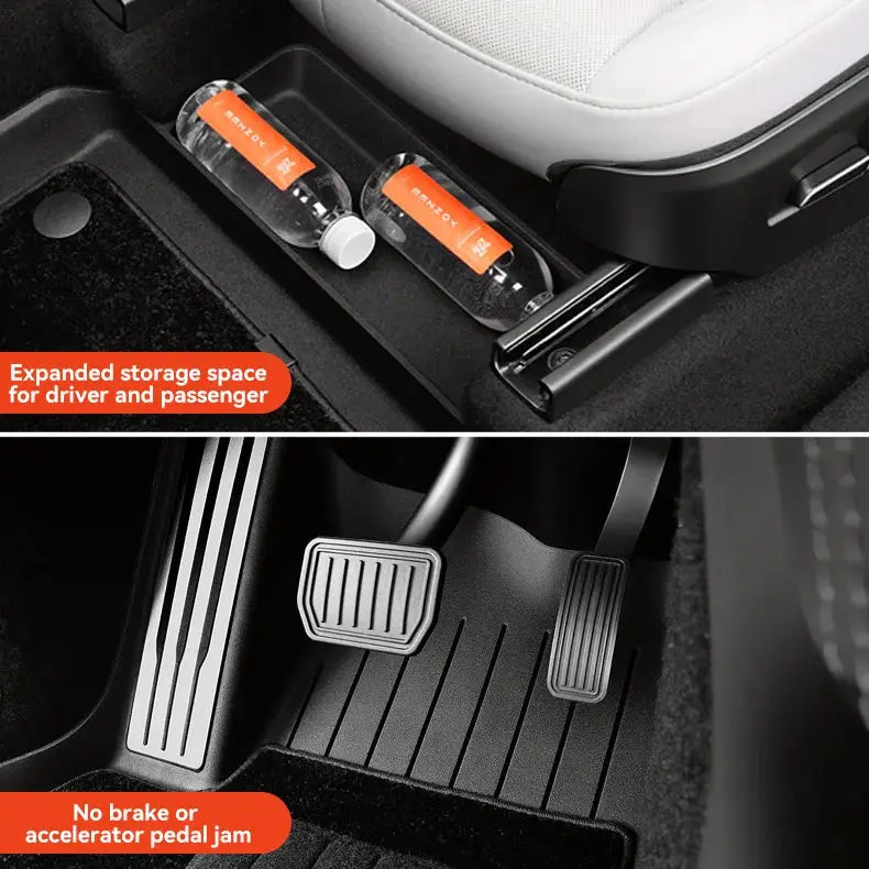 YZ floor mats for Tesla Model Y Juniper 2025-2026, black TPE, Simples Market, with metal pedals and trunk mat set