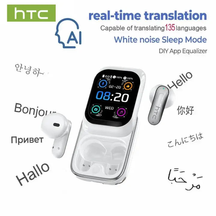 HTC NE48 TWS wireless earbuds with white charging case and touchscreen display; HTC logo visible