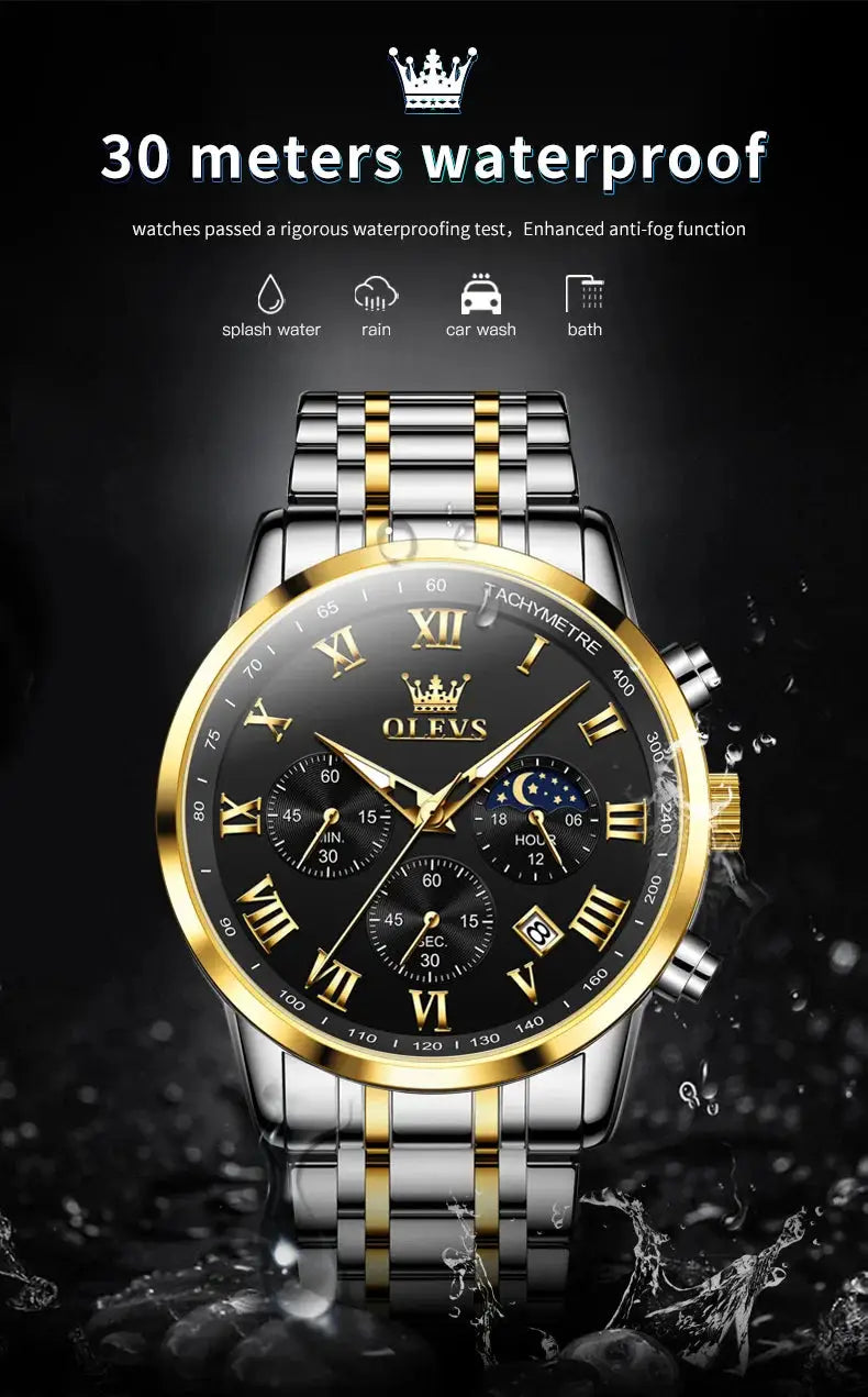 OLEVS 5529 luxury men's watch; two-tone stainless steel bracelet, black dial with Roman numerals and lunar phase