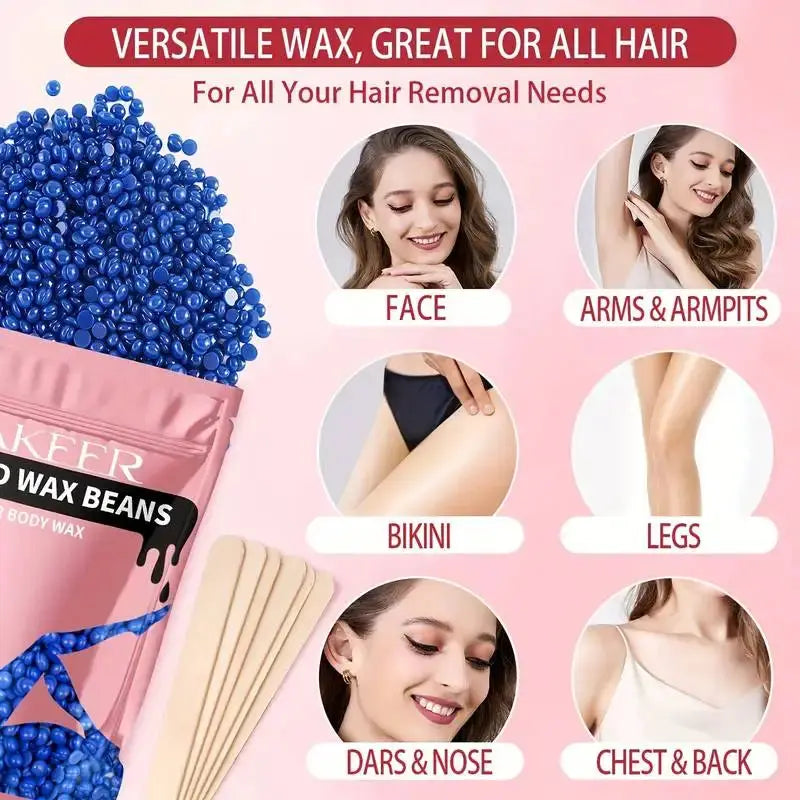 Simples Market waxing beads kit with blue beads, pink pouch and six wooden waxing sticks; body areas for waxing.