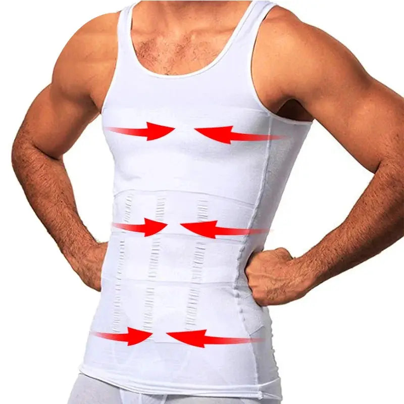 Men's white Simples Market compression sleeveless jersey; tight gym tank with torso compression zones