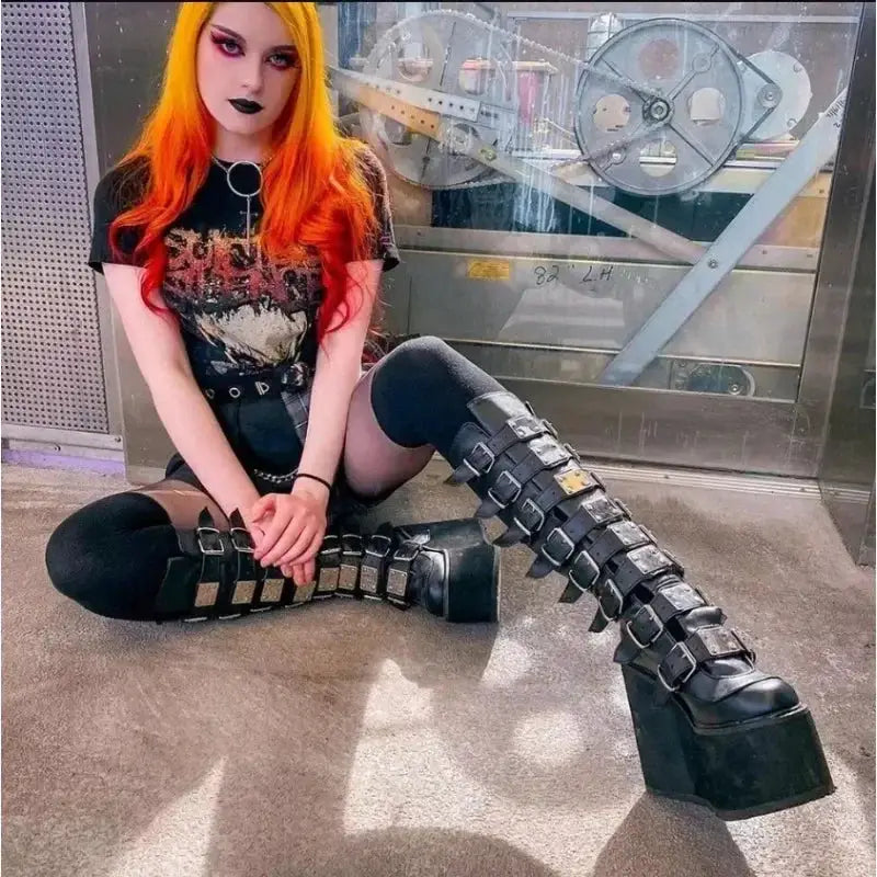 Gothic Cosplay High Heel Platform Boots With Buckle Strap PU Leather Mid Calf Wedges