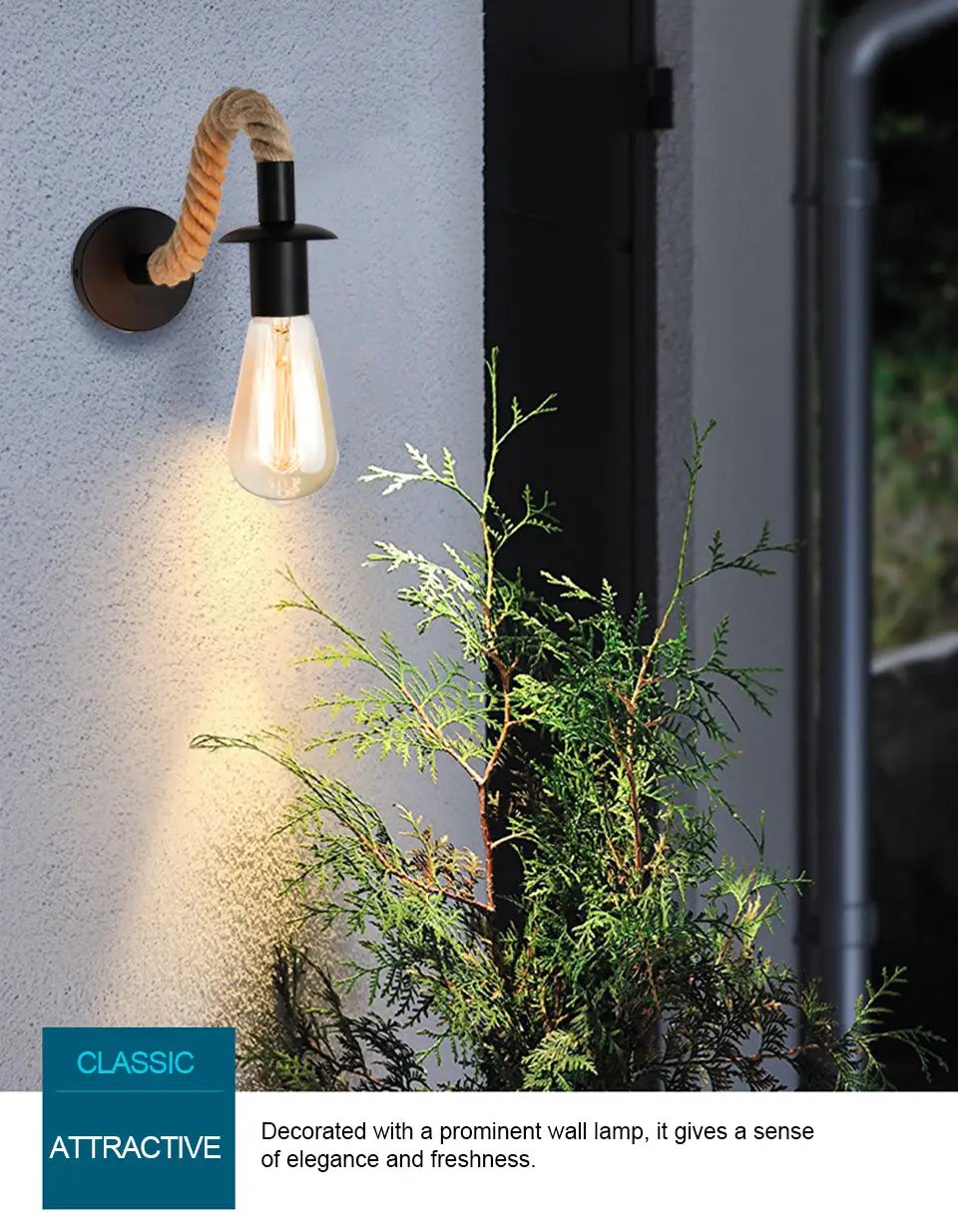 Retro hemp rope wall lamp by Simples Market with E27 Edison bulb, black iron finish mounted on wall.
