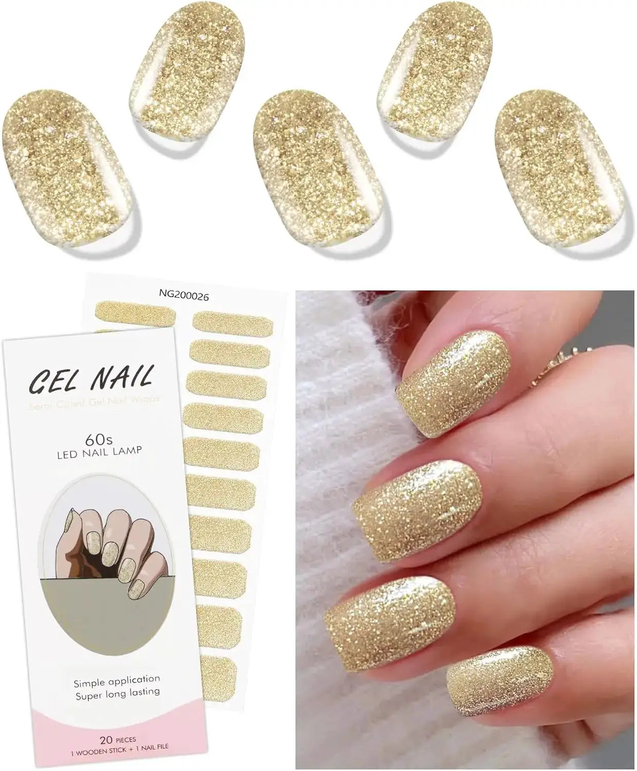 Simples Market gold glitter semi-cured gel nail wraps kit with 60s LED nail lamp (20 pieces) for DIY manicure