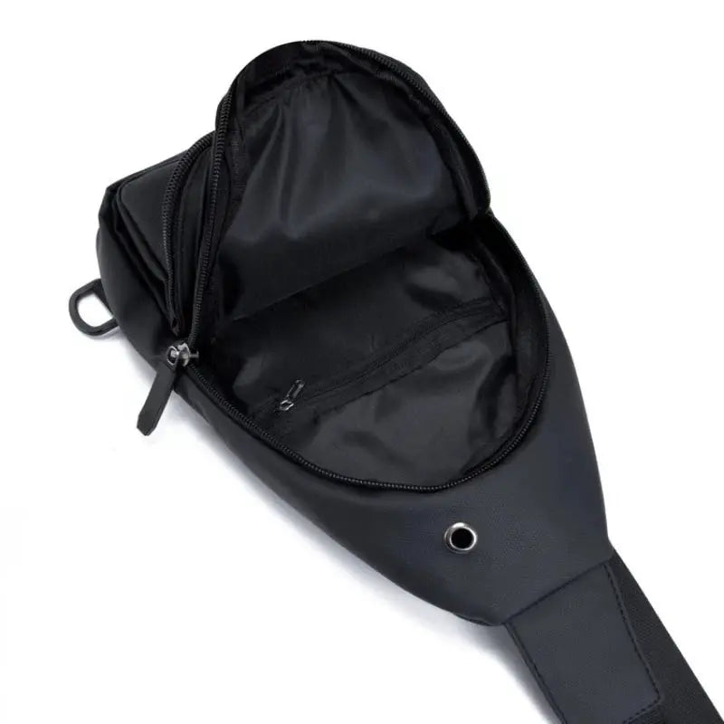 Lightweight men's chest bag in black nylon, crossbody sling with zip pockets and adjustable strap.
