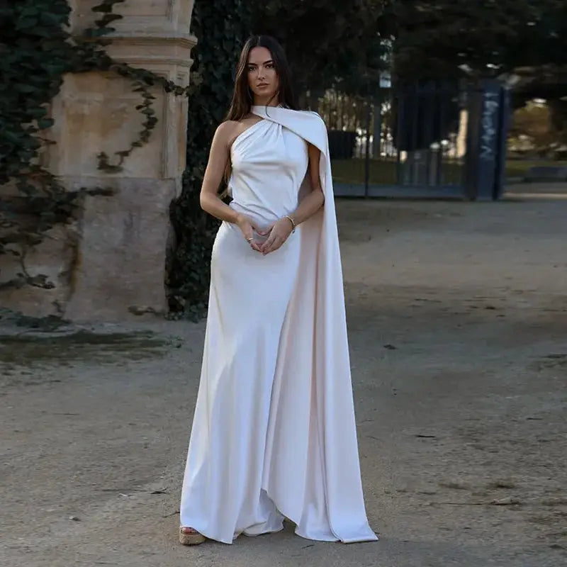 Glamouria Satin Ribbon Party Dress Halter Backless Off Shoulder Sleeveless Gown For Summer Events