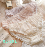 Women's ice-silk panties, three-pair set in pink, peach and ivory with ruffled edges, XL–3XL