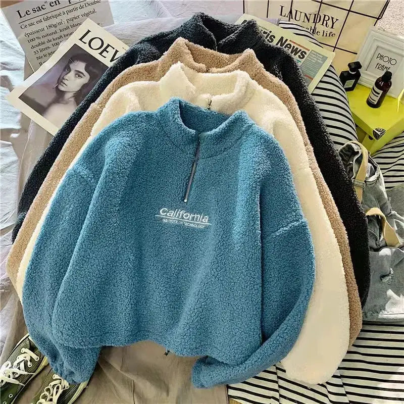 VelvetAura Women Stand Neck Fleece Cropped Hoodie With Letter Embroidery For Elegant Velvet Plush Warmth