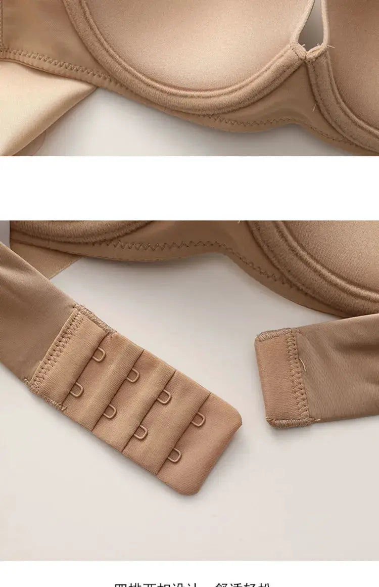 Beige plus-size seamless push-up bra with cotton fabric and hook-back closure by Simples Market