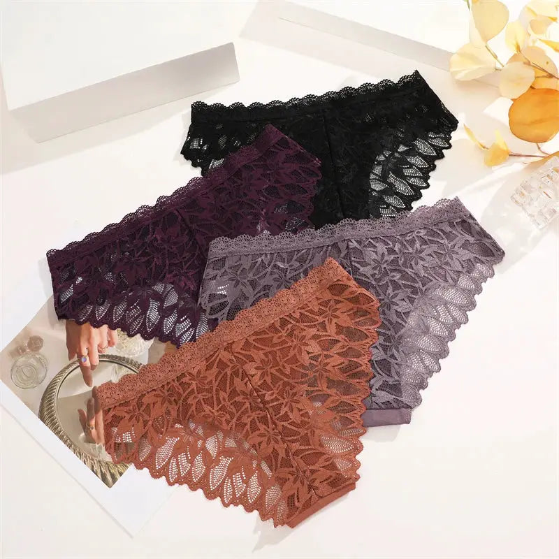 Lace hollow-out low-waist briefs 4-pack for women in black, burgundy, gray, and brown
