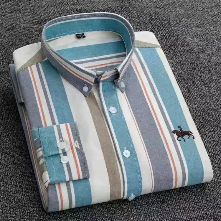 Men's large Simples Market striped 100% cotton oxford shirt; long sleeve with teal, blue, beige and white stripes.
