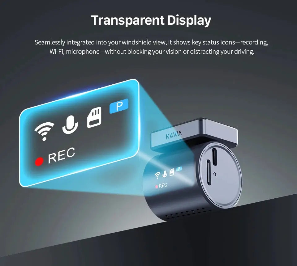 KAWA Mini 3 Pro dash cam; blue-gray compact car DVR with a transparent display showing REC and icons