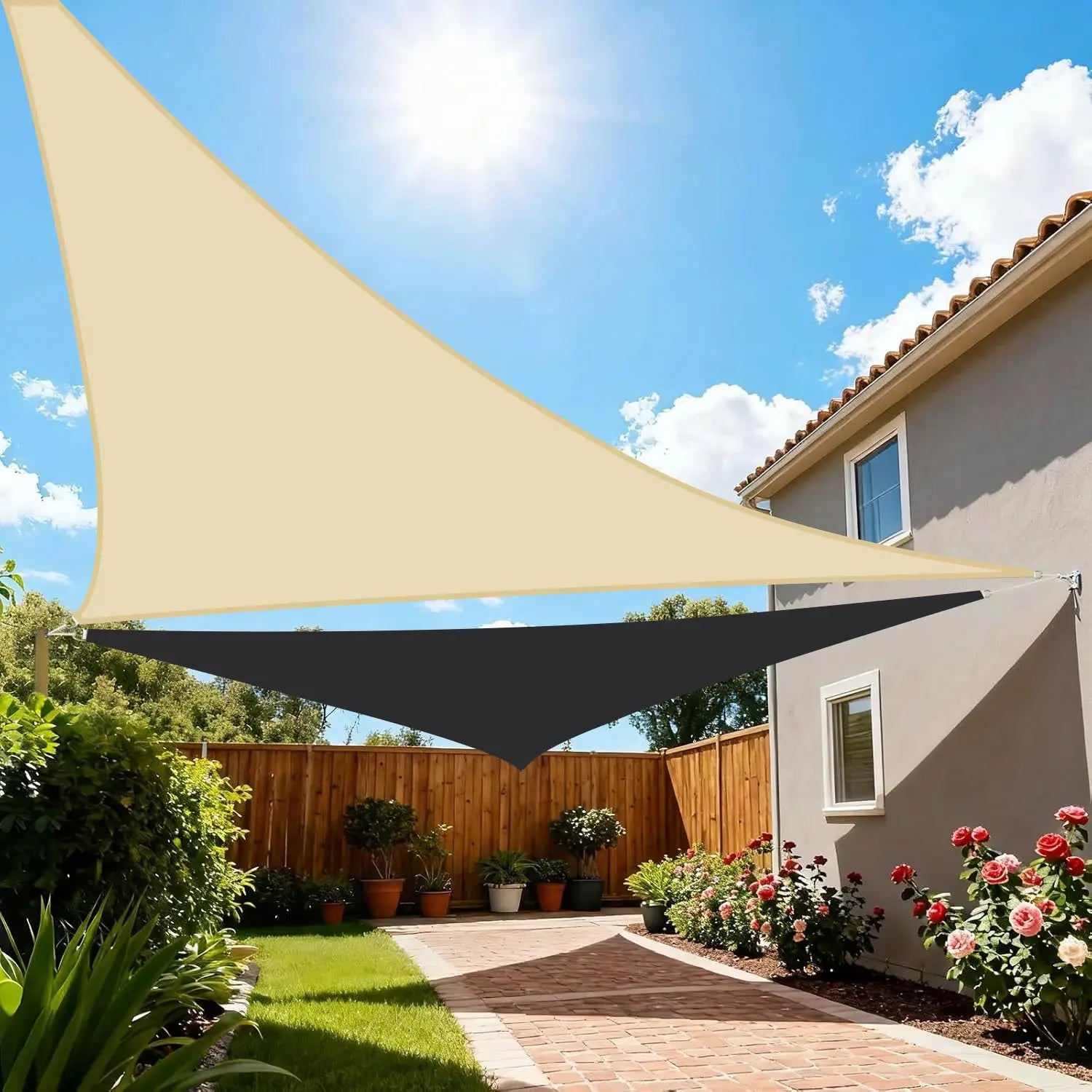 Two triangle sun shade sails, beige and dark gray, waterproof UV-blocking canopy over backyard patio.