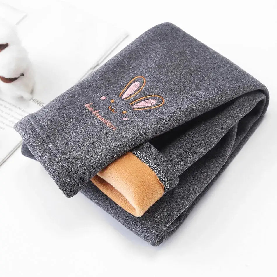 Girls 3 To 8 Years Fleece Lined Bunny Embroidered Leggings For Autumn Winter Thermal Tights