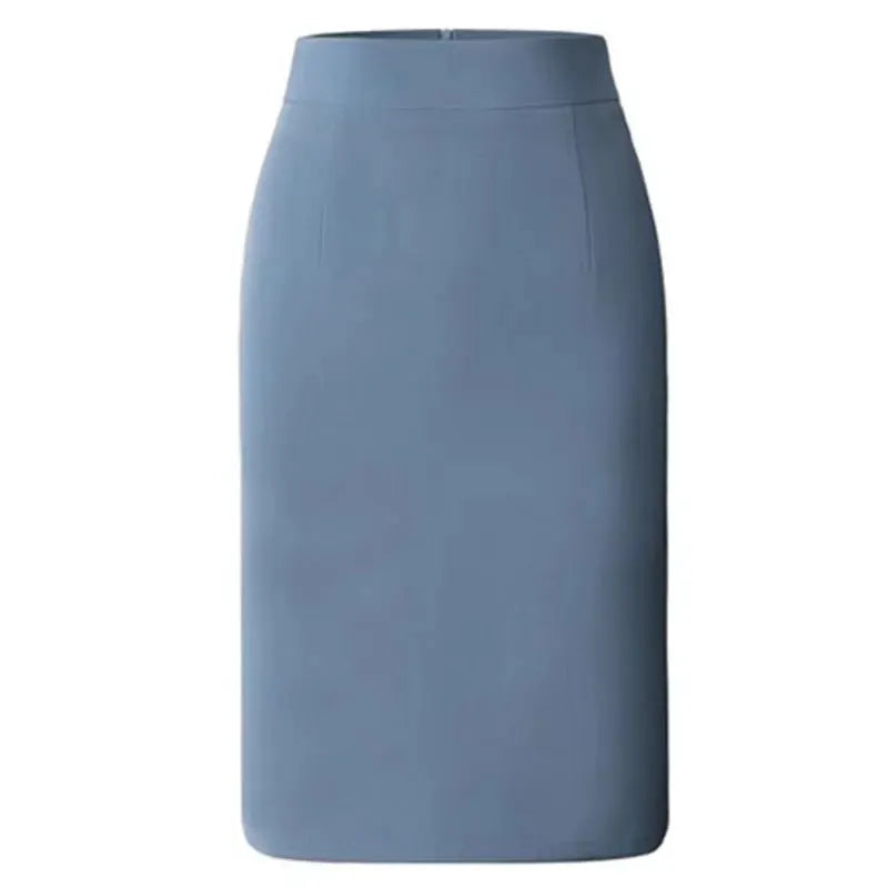 Pencil skirt, light blue, high-waisted, midi length, solid color for office wear